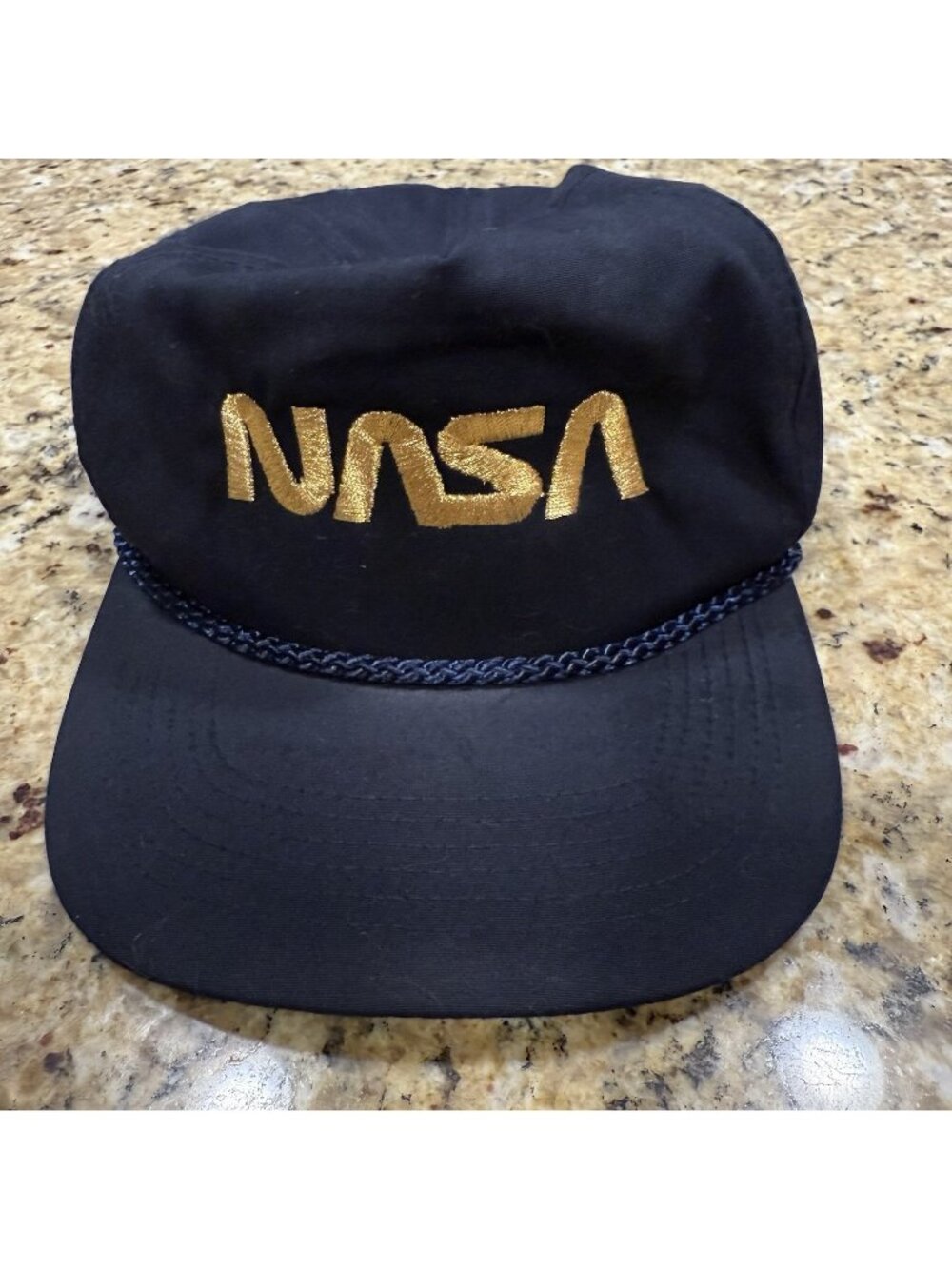 Vintage NASA Strapback Hat Blue Gold Embroidered Logo Black Rope